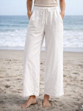 White 100% Linen Drawstring Wide Leg Pants Relaxed Summer Coastal size 6